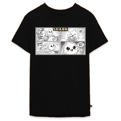 Black t-shirt with four-panel manga strip