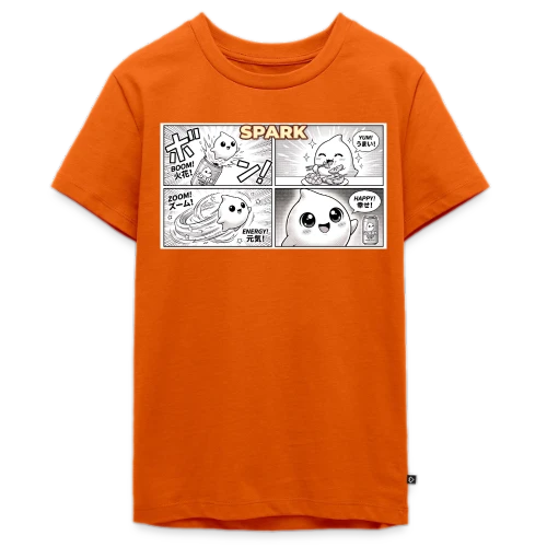 Orange t-shirt with four-panel manga strip